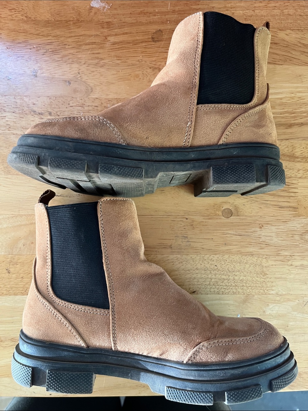 Old Navy Tan Suede Chelsea Boots with Black Elastic Panels
